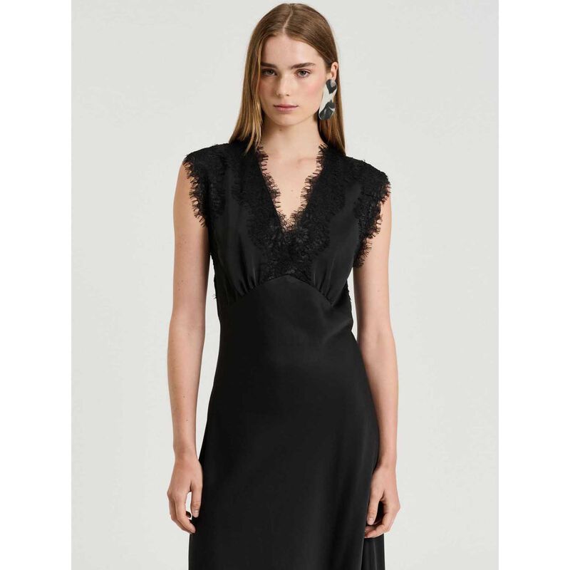 Veronika Maine Washed Satin Lace Trim Midi Dress image number 3